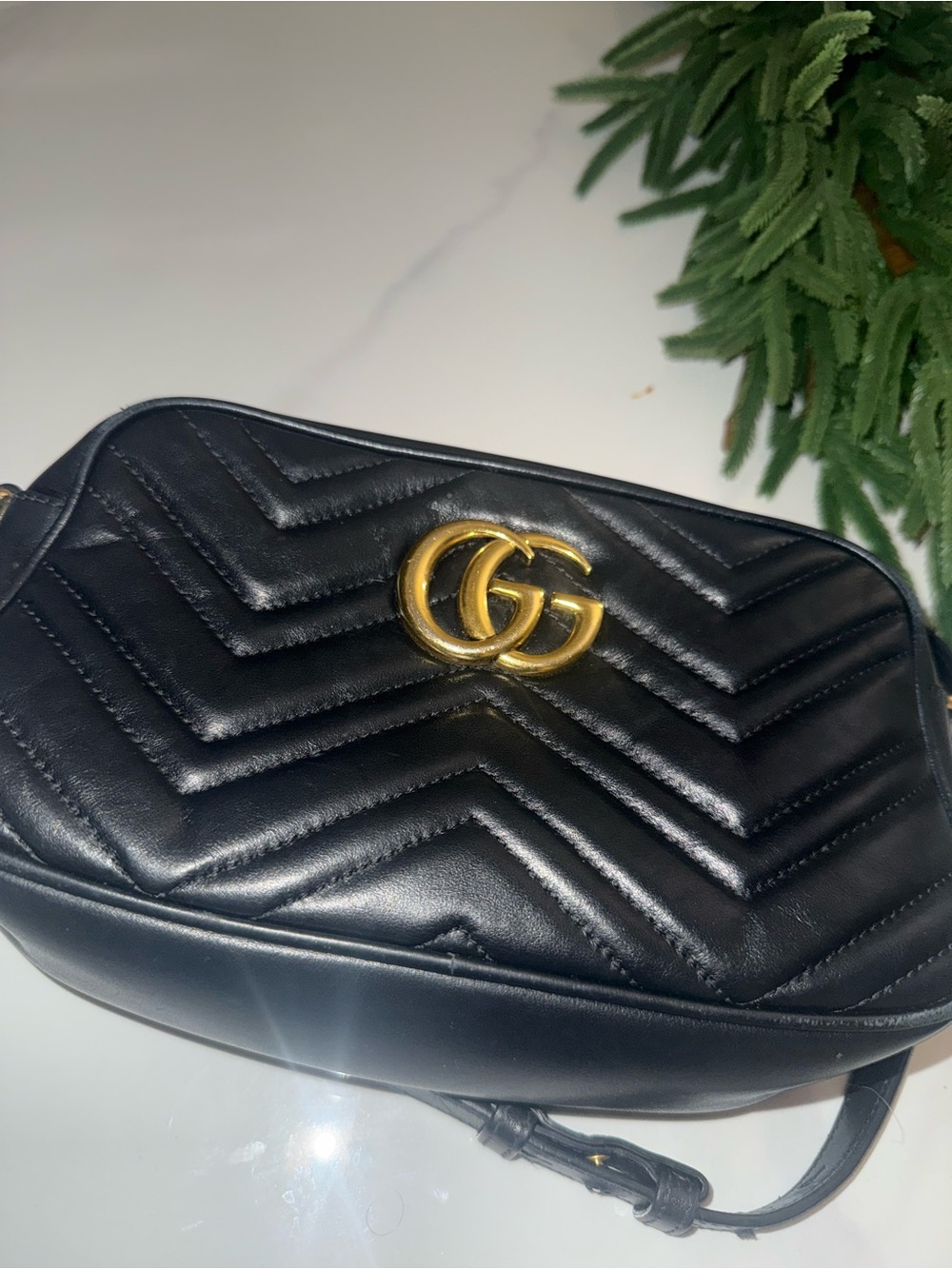Gucci Black Quilted Chevron Leather Crossbody with Gold Double G